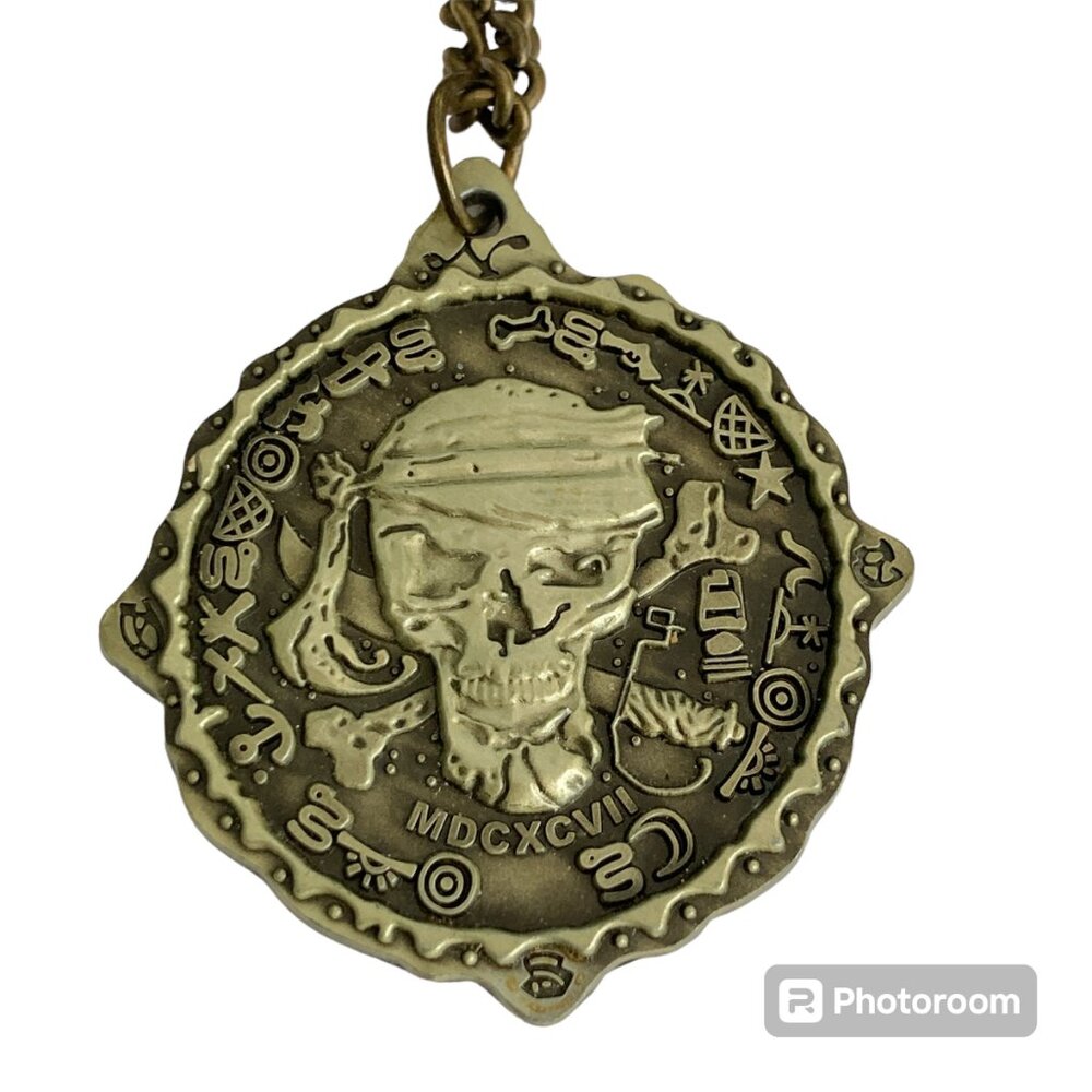 Disney Gold Pirate League Skull Medallion Vintage Necklace